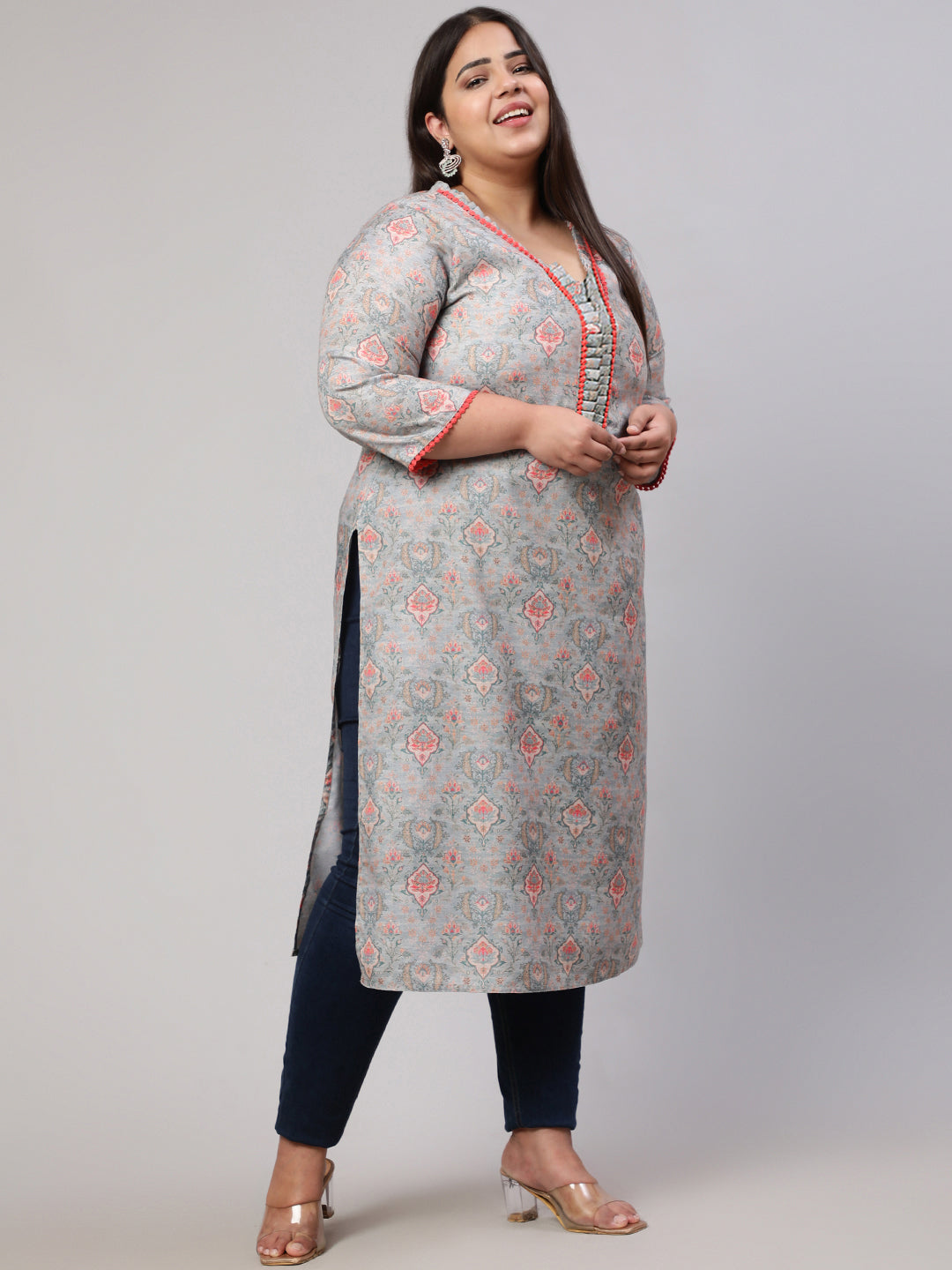 Plus Size Grey Ruffled Printed Straight Kurta