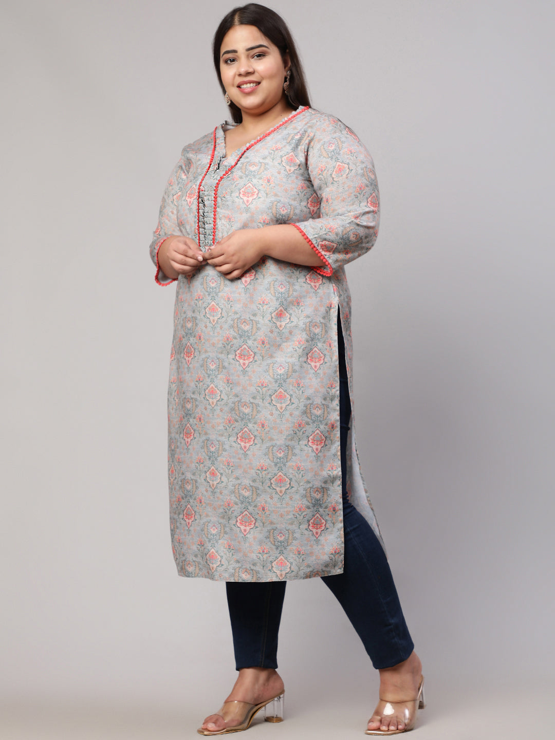 Plus Size Grey Ruffled Printed Straight Kurta