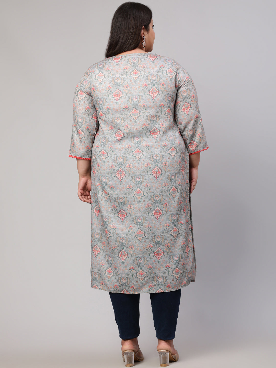 Plus Size Grey Ruffled Printed Straight Kurta
