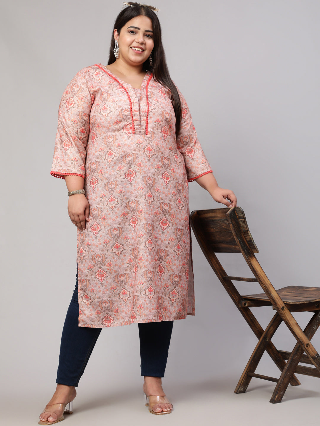 Plus Size Peach Ruffled Straight Kurta