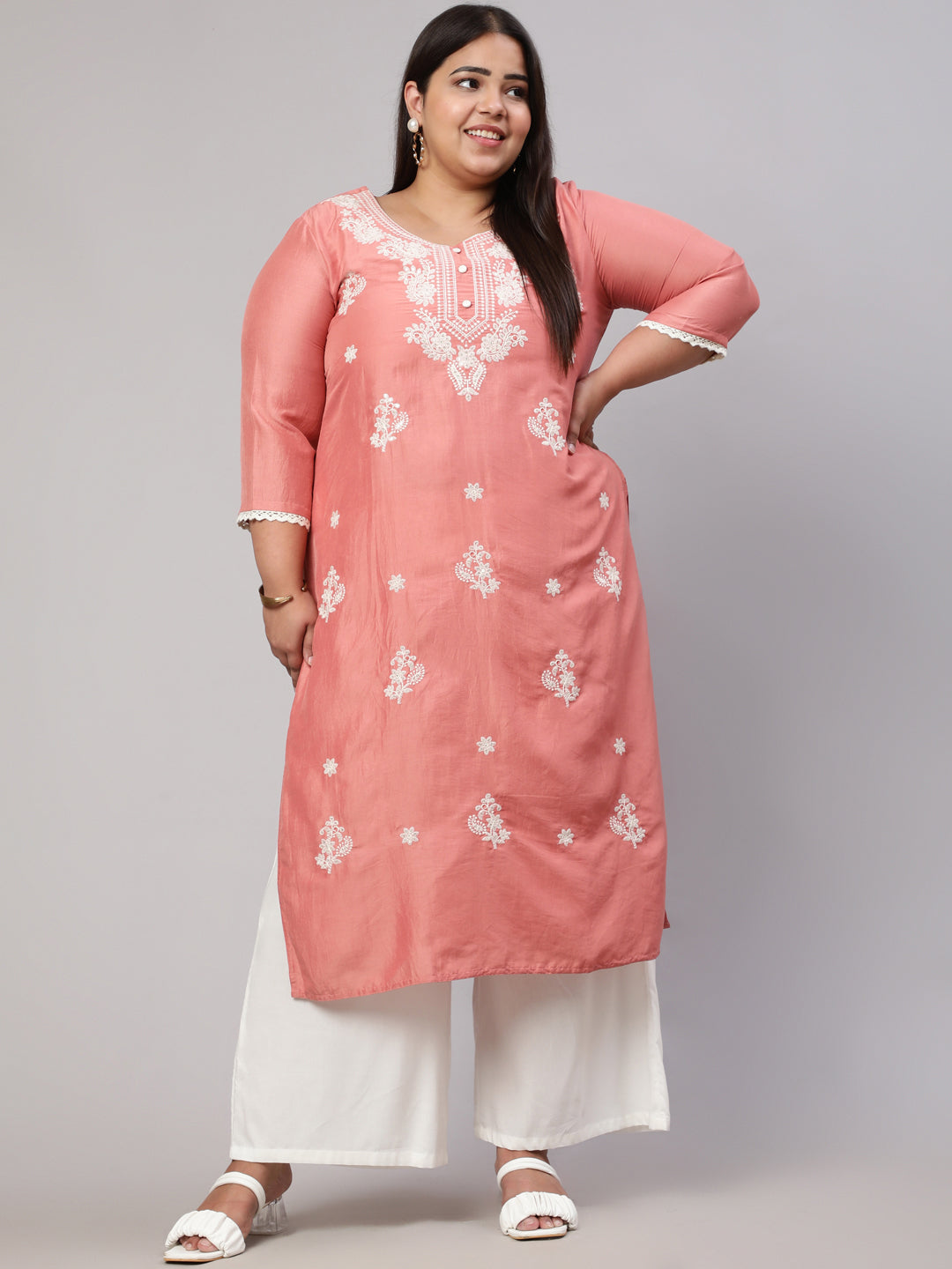 Plus Size Peach Chikankari Straight Kurta