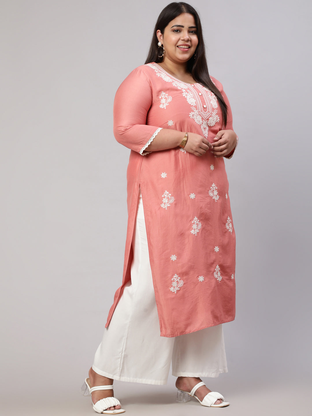Plus Size Peach Chikankari Straight Kurta
