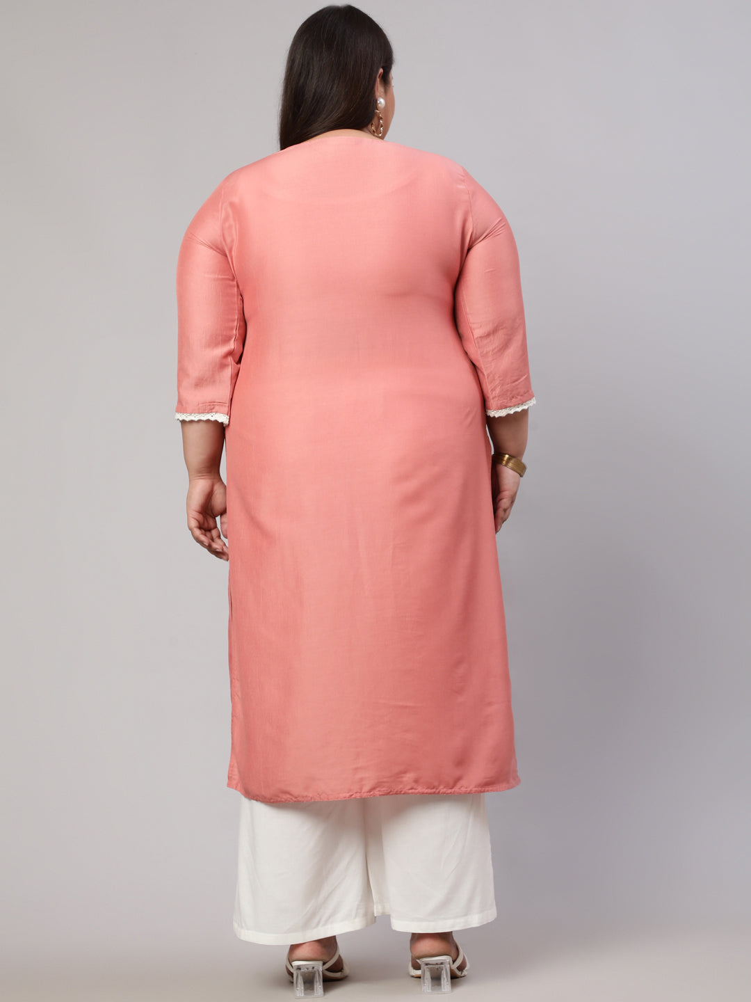 Plus Size Peach Chikankari Straight Kurta