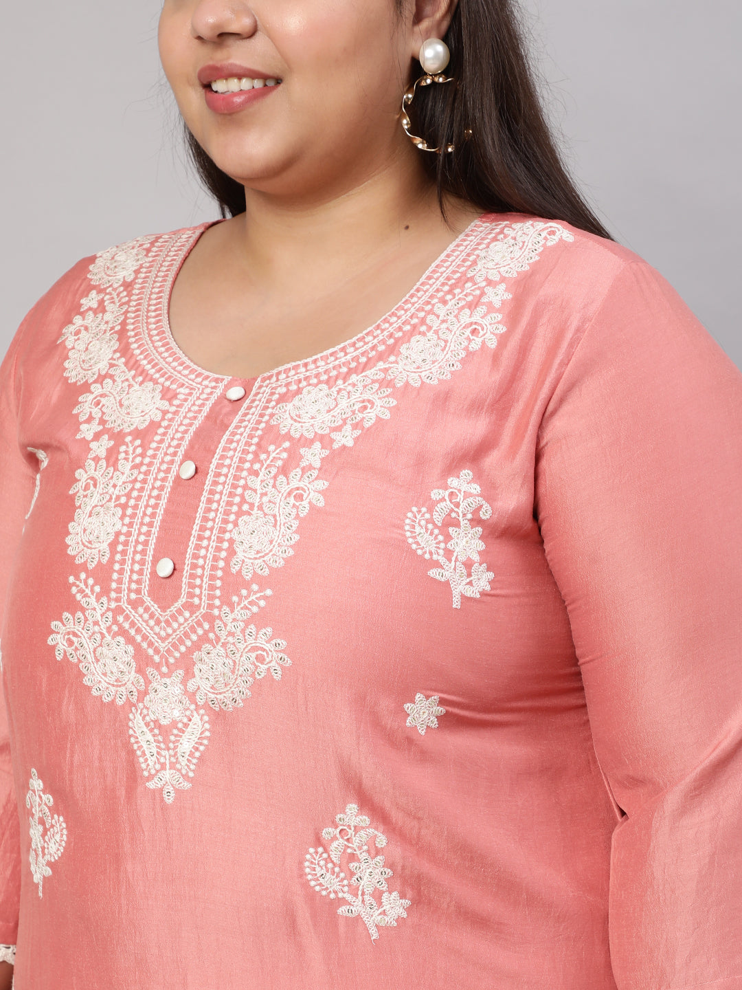 Plus Size Peach Chikankari Straight Kurta