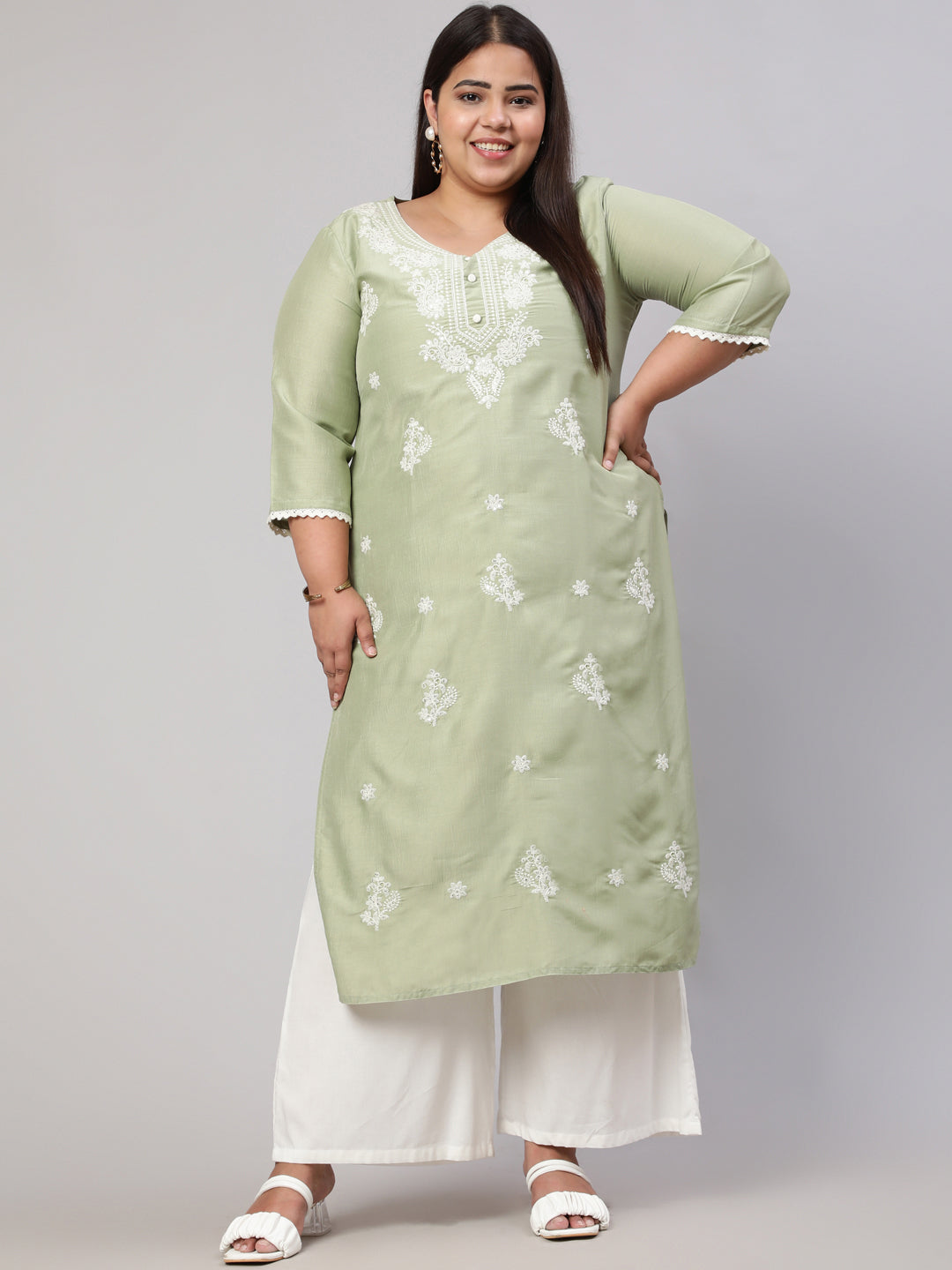 Plus Size Olive Green Chikankari Straight Kurta