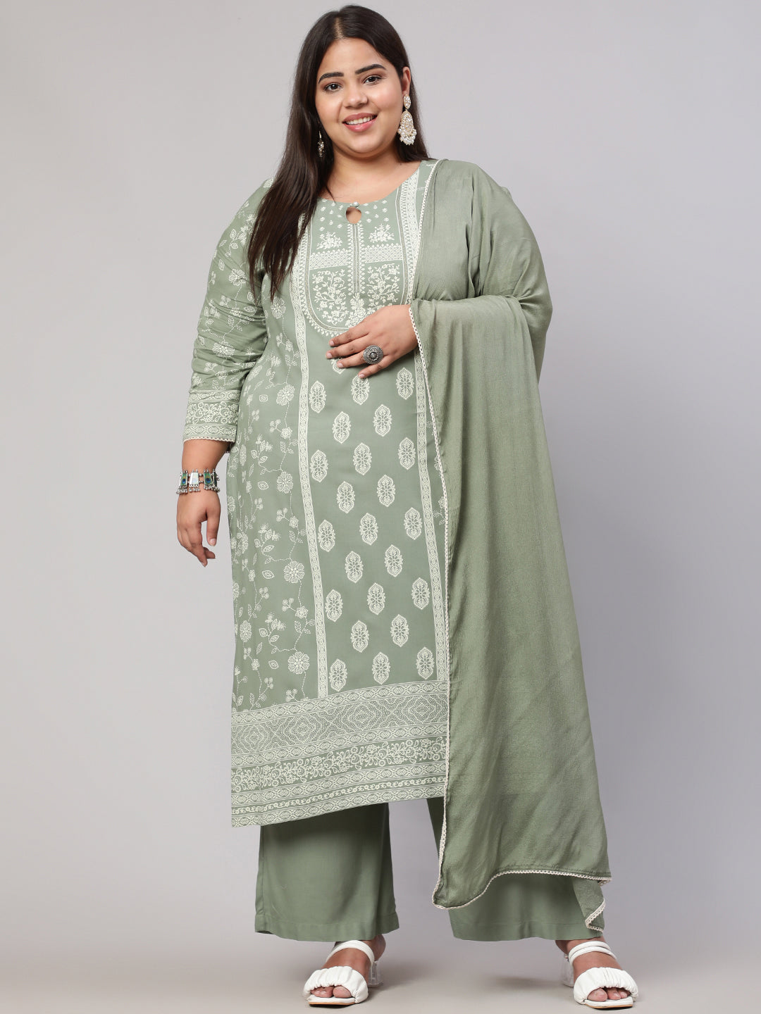Plus Size Olive Green Placement Printed Straight Kurta With Solid Palazzo And Chinon Dupatta
