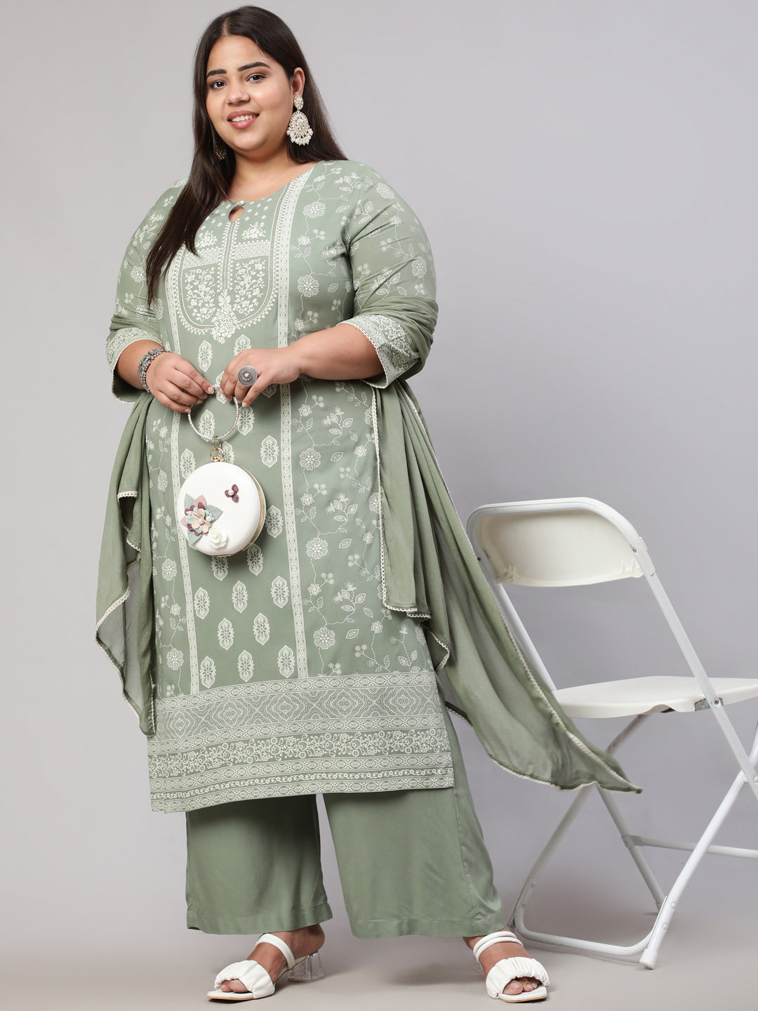 Plus Size Olive Green Straight Kurta With Palazzo And Dupatta