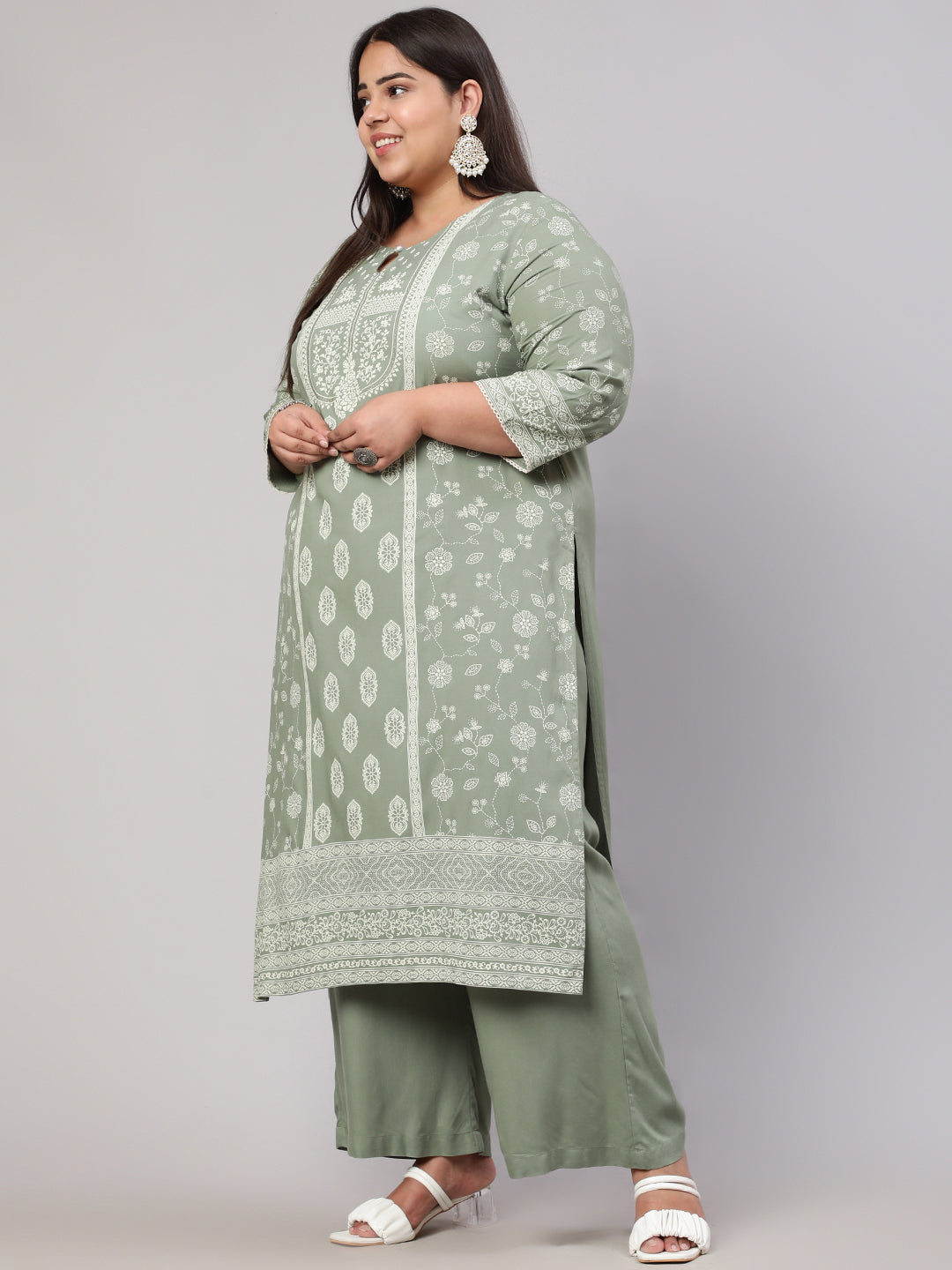 Plus Size Olive Green Placement Printed Straight Kurta With Solid Palazzo And Chinon Dupatta