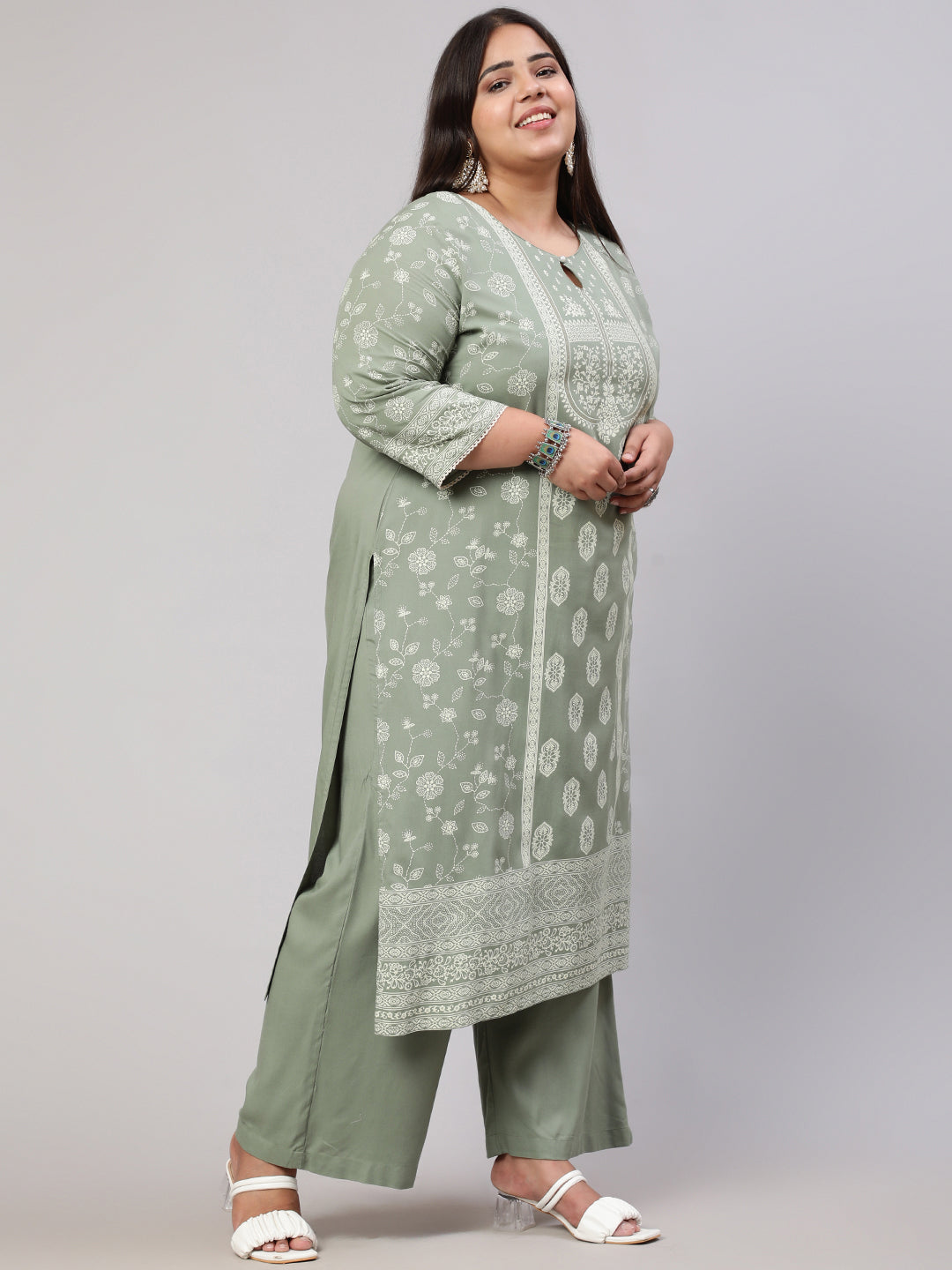 Plus Size Olive Green Placement Printed Straight Kurta With Solid Palazzo And Chinon Dupatta