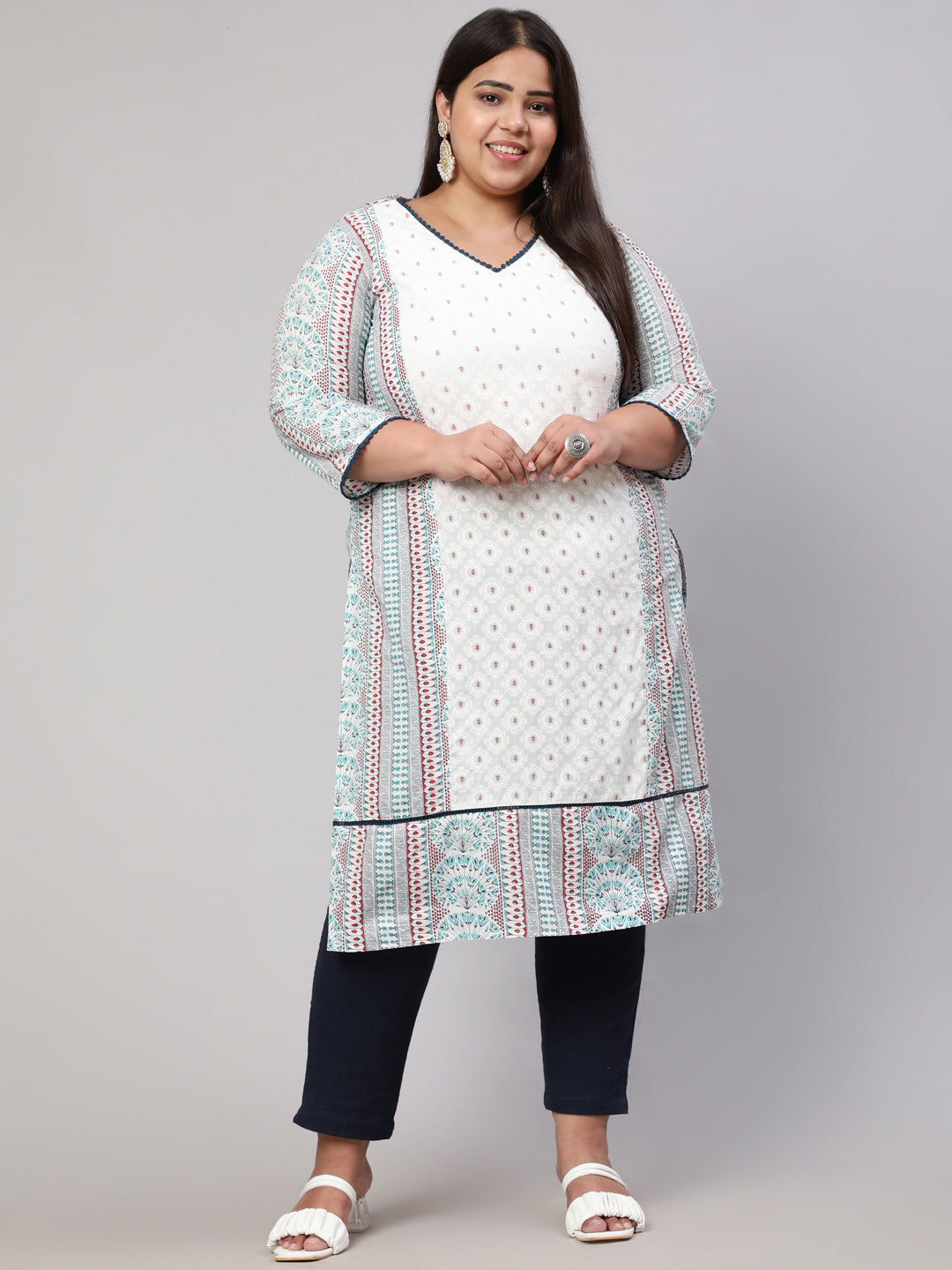 Plus Size White and Blue Ethnic Printed Straight Kurta