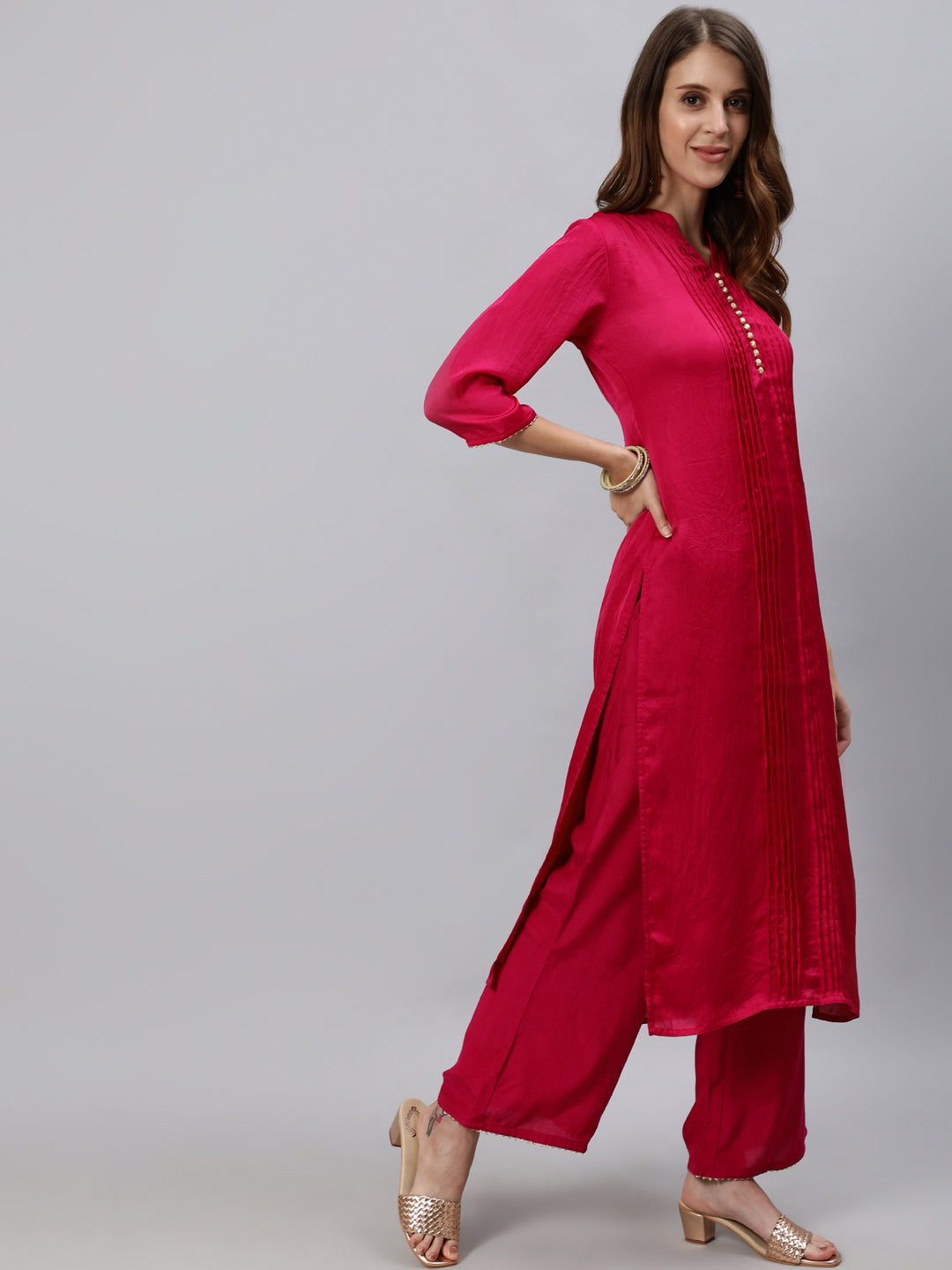 Pink Straight Kurta With Palazzo And Yellow Organza Dupatta