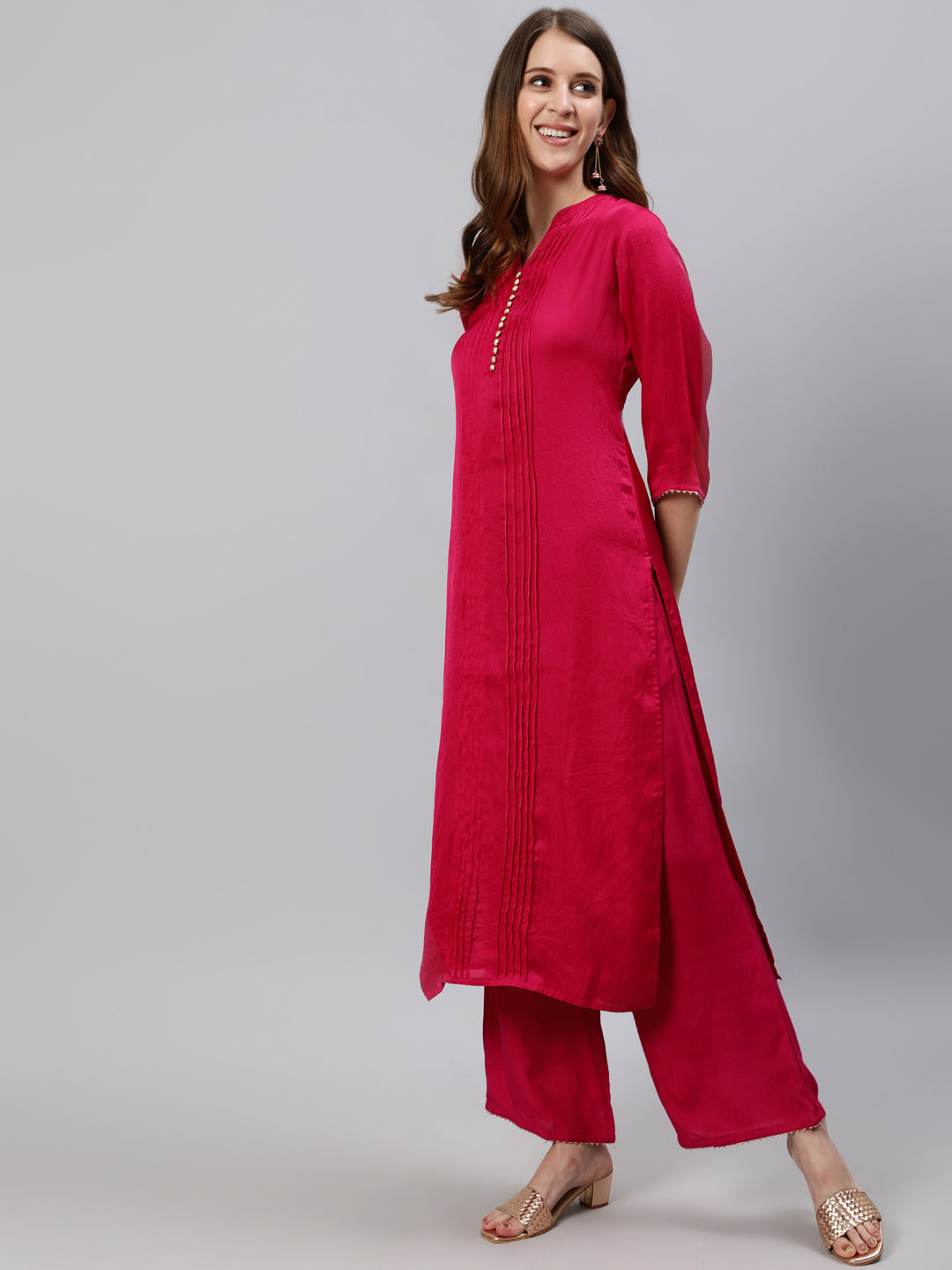 Pink Straight Kurta With Palazzo And Yellow Organza Dupatta