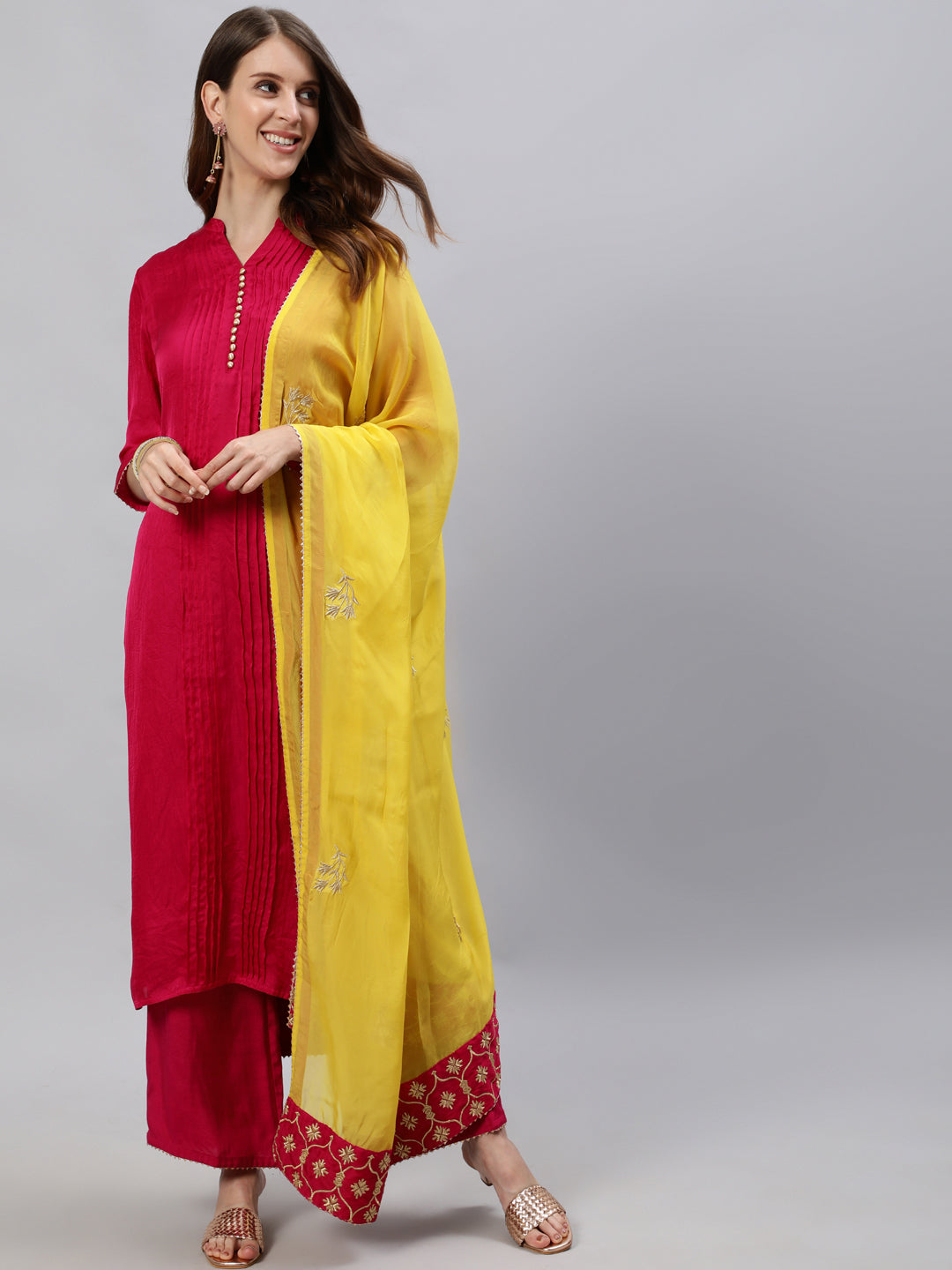 Pink Straight Kurta With Palazzo And Yellow Organza Dupatta