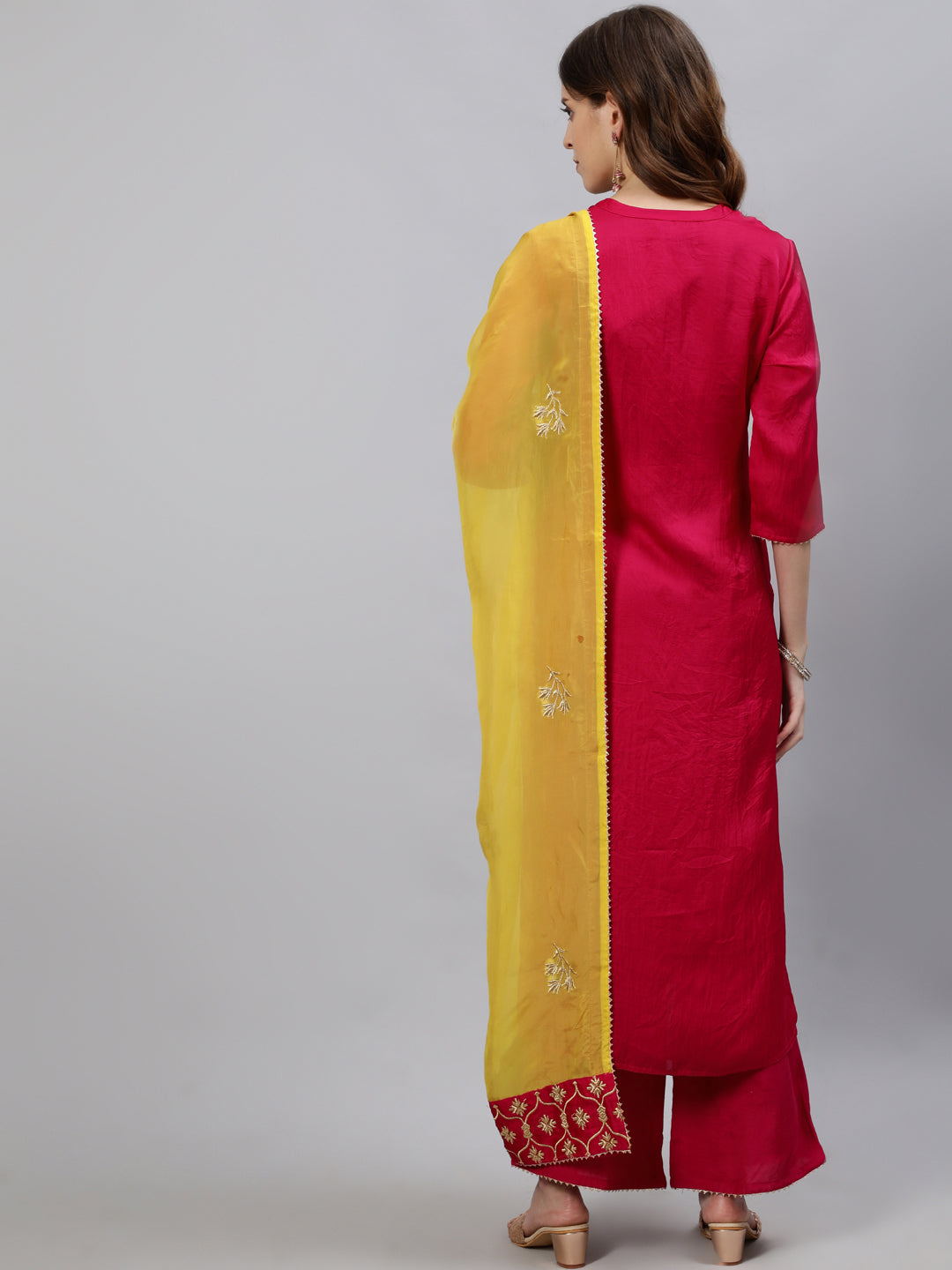 Pink Straight Kurta With Palazzo And Yellow Organza Dupatta