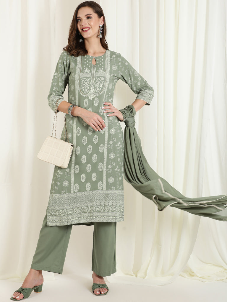 Straight Kurta With Solid Palazzo And Chinon Dupatta