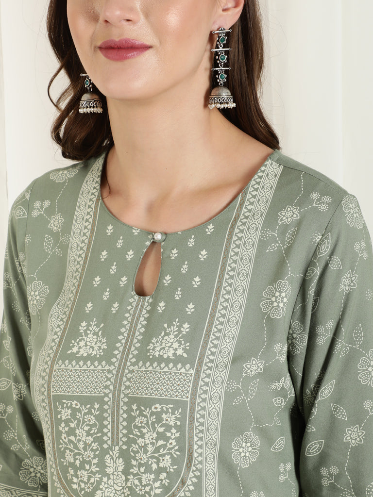 Olive Green Placement Printed Straight Kurta With Solid Palazzo And Chinon Dupatta