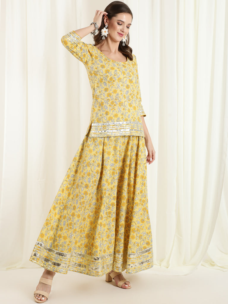 Yellow Floral Print Short Kurta With Skirt And Dupatta