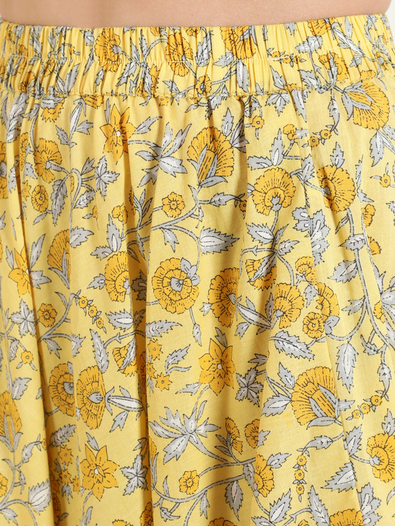 Yellow Floral Print Short Kurta With Skirt And Dupatta