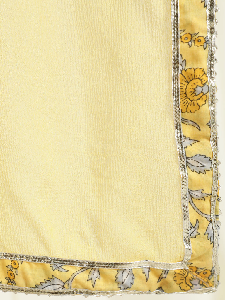 Yellow Floral Print Short Kurta With Skirt And Dupatta