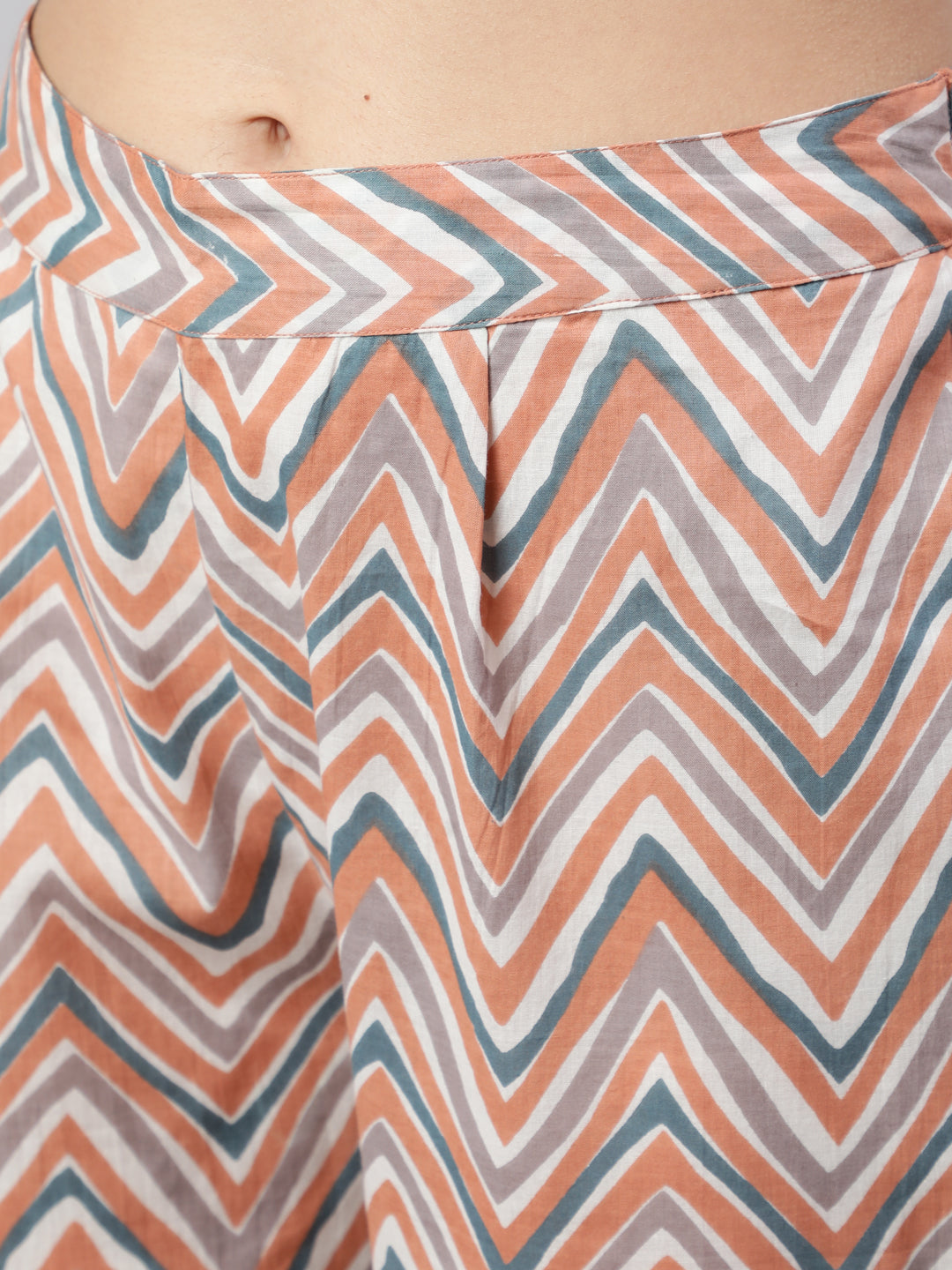 White And Peach Flared Cotton Embroidered Kurta With Printed Palazzo