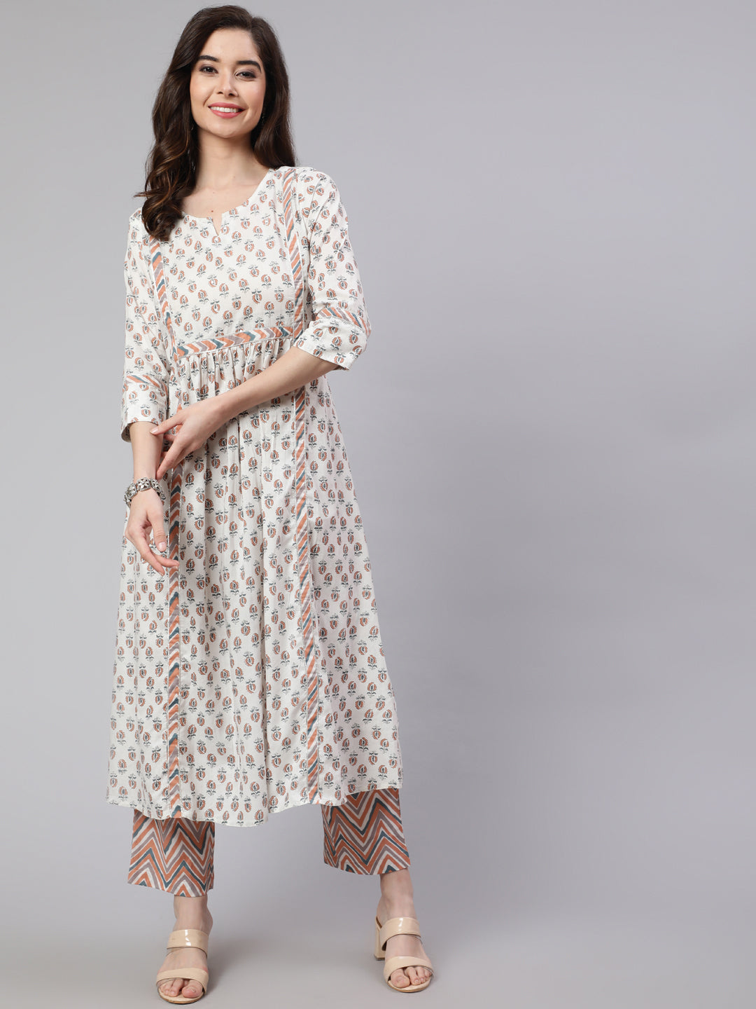 White And Peach Flared Cotton Embroidered Kurta With Printed Palazzo