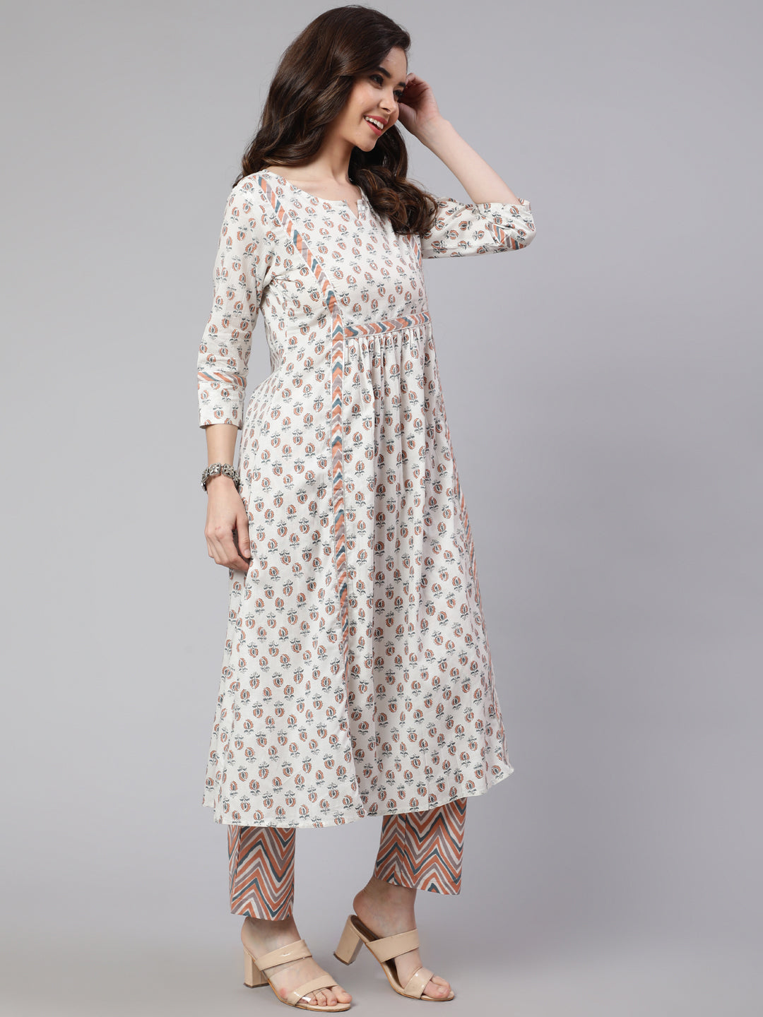 White And Peach Flared Cotton Embroidered Kurta With Printed Palazzo