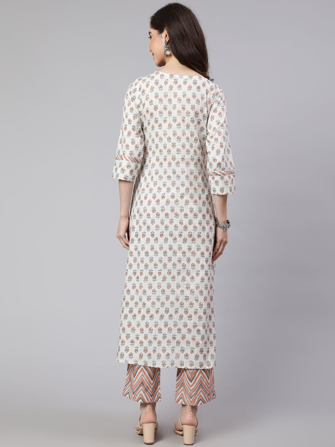 White And Peach Flared Cotton Embroidered Kurta With Printed Palazzo