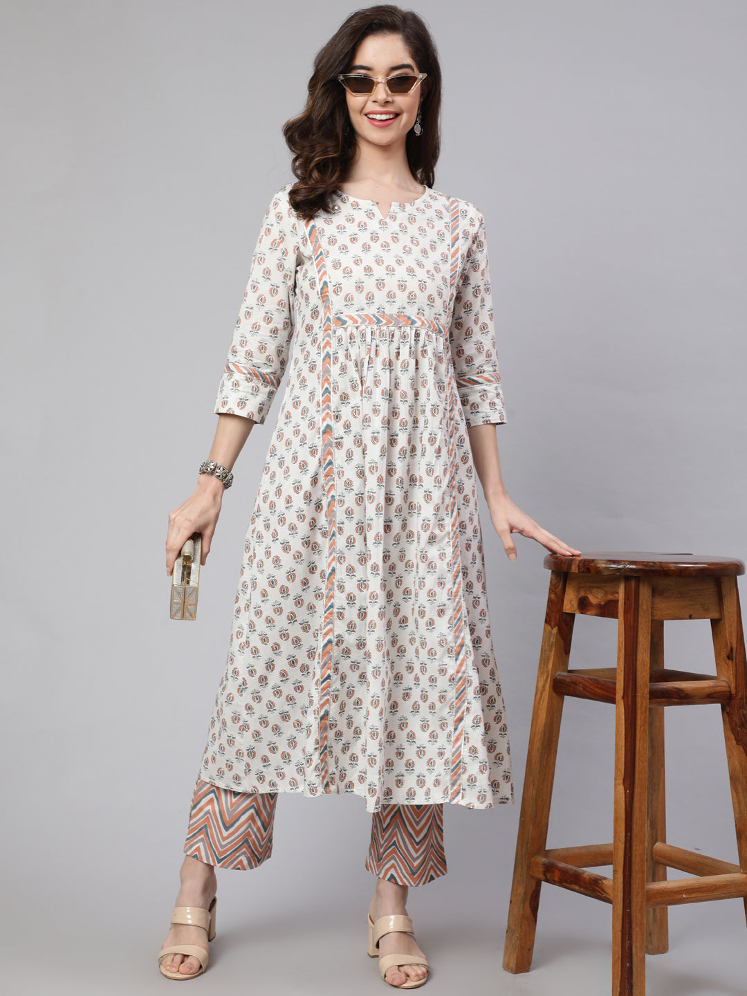 White And Peach Flared Cotton Embroidered Kurta With Printed Palazzo