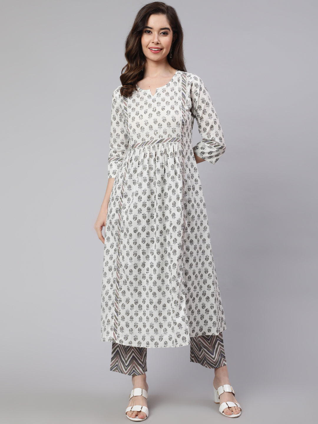 White And Grey Flared Cotton Embroidered Kurta With Printed Palazzo