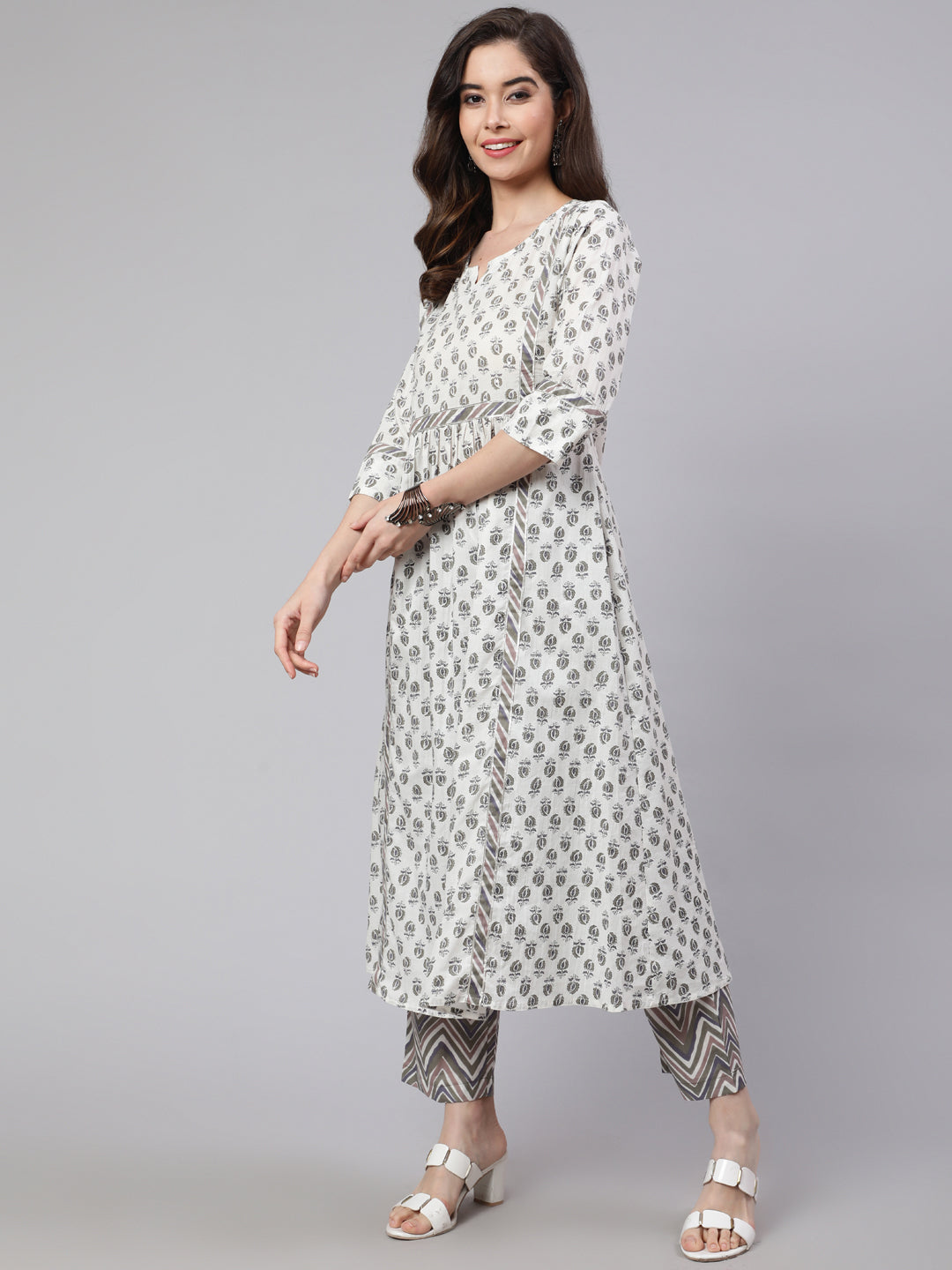 White And Grey Flared Cotton Embroidered Kurta With Printed Palazzo