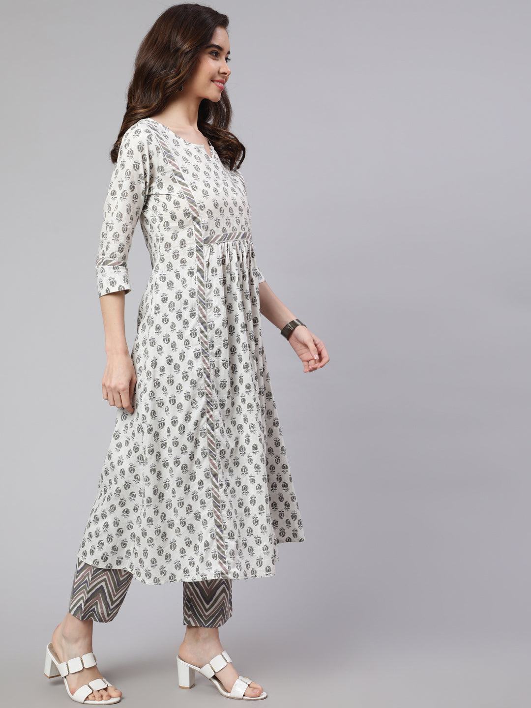 White And Grey Flared Cotton Embroidered Kurta With Printed Palazzo