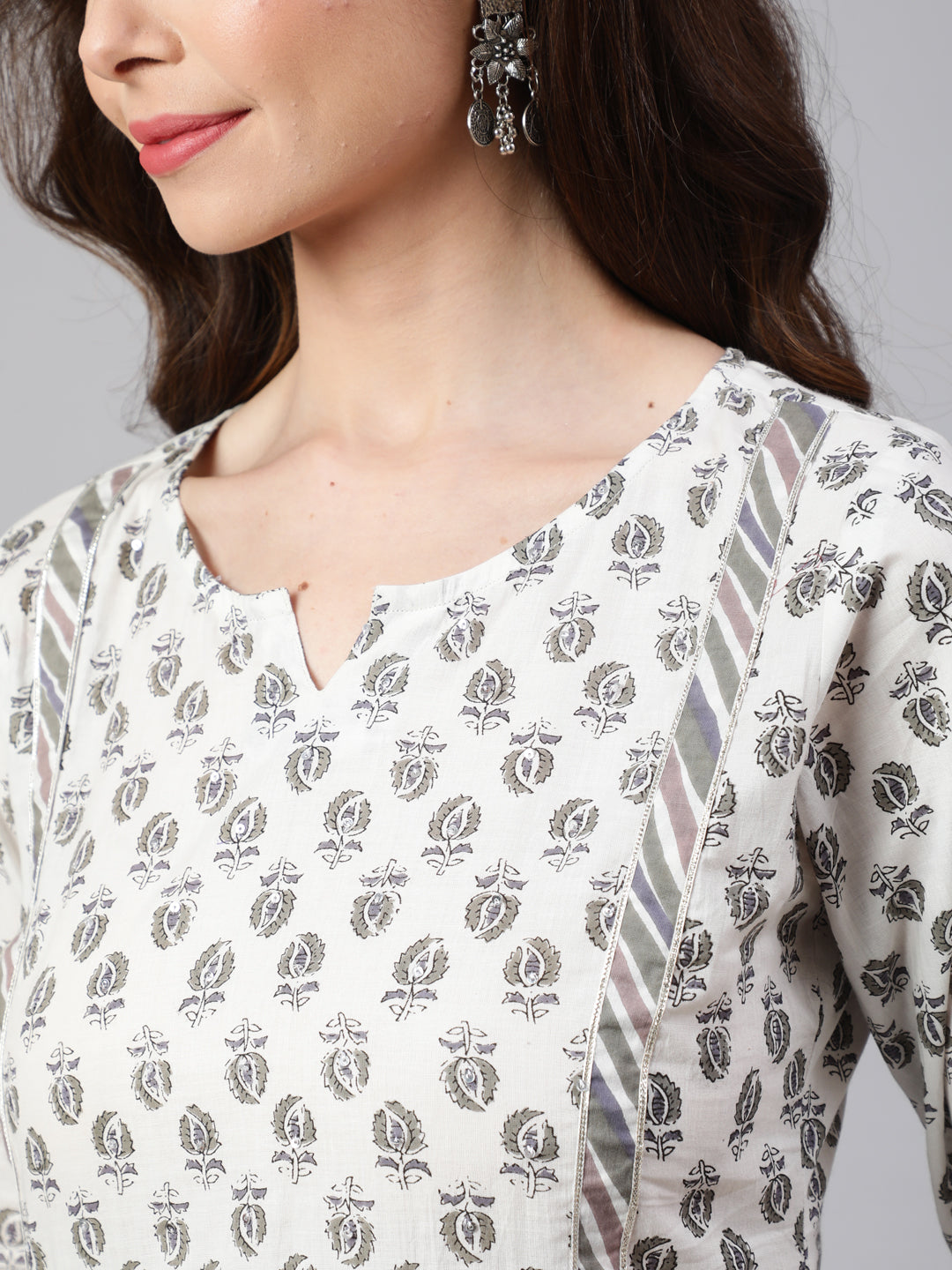 White And Grey Flared Cotton Embroidered Kurta With Printed Palazzo