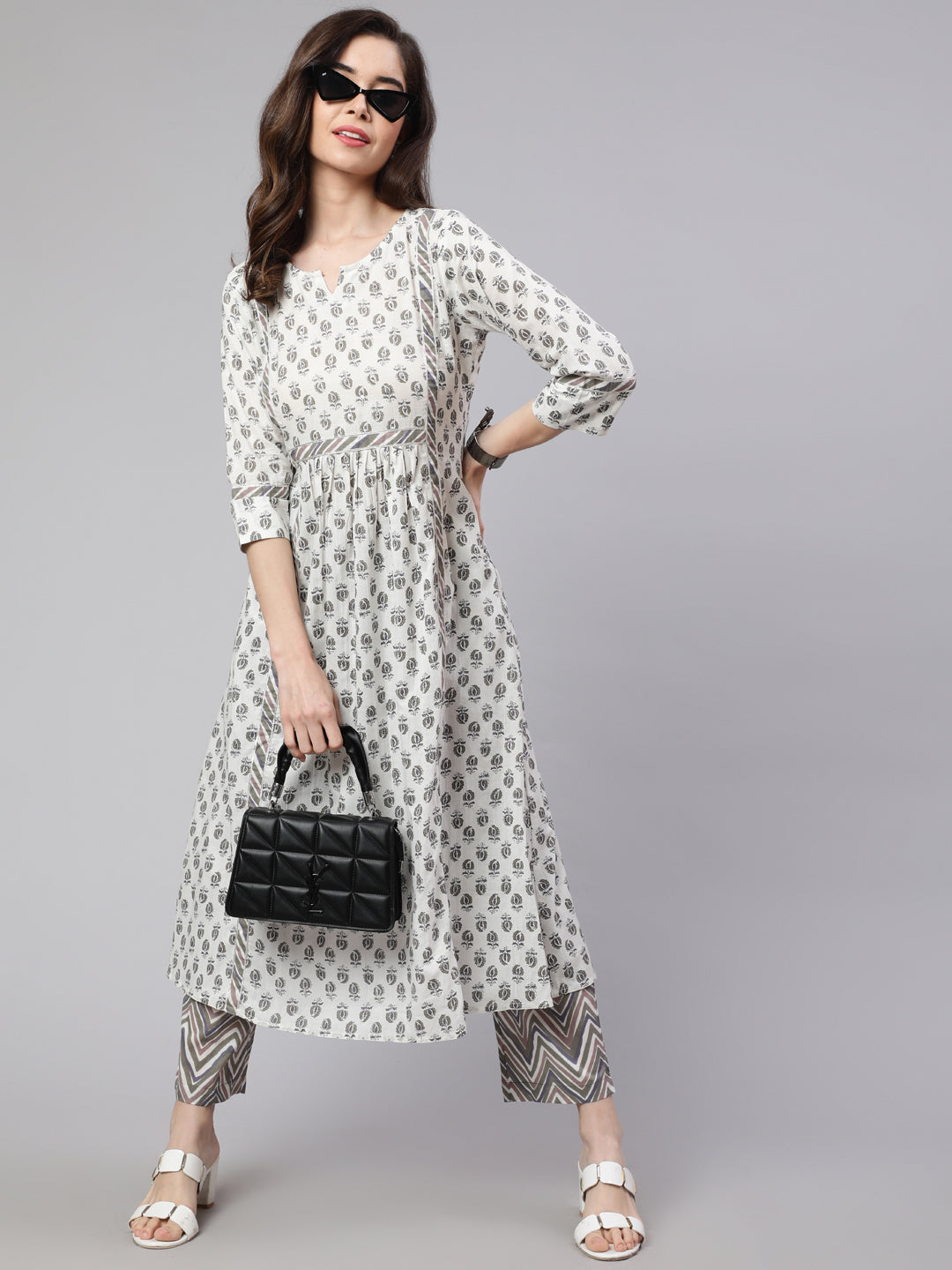 White And Grey Flared Cotton Embroidered Kurta With Printed Palazzo