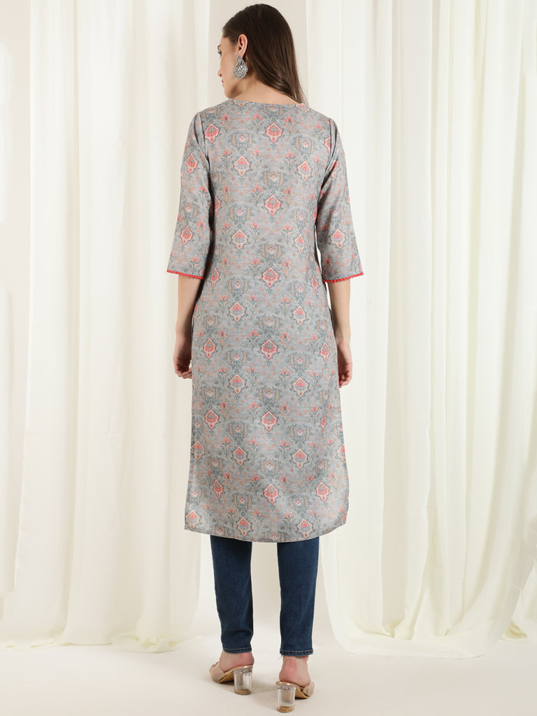 Ethnic Printed Grey Straight Kurta With Lace