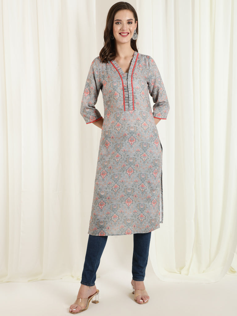 Ethnic Printed Grey Straight Kurta With Lace