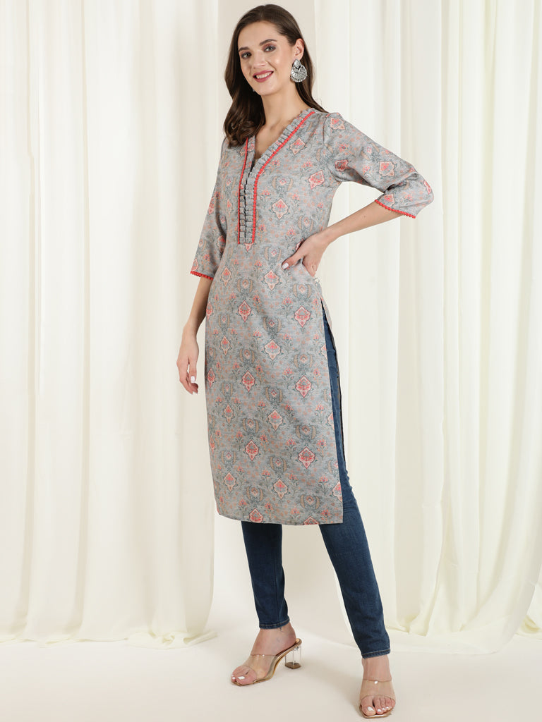 Ethnic Printed Grey Straight Kurta With Lace