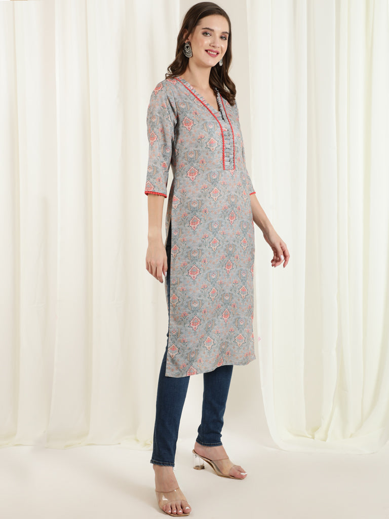 Ethnic Printed Grey Straight Kurta With Lace