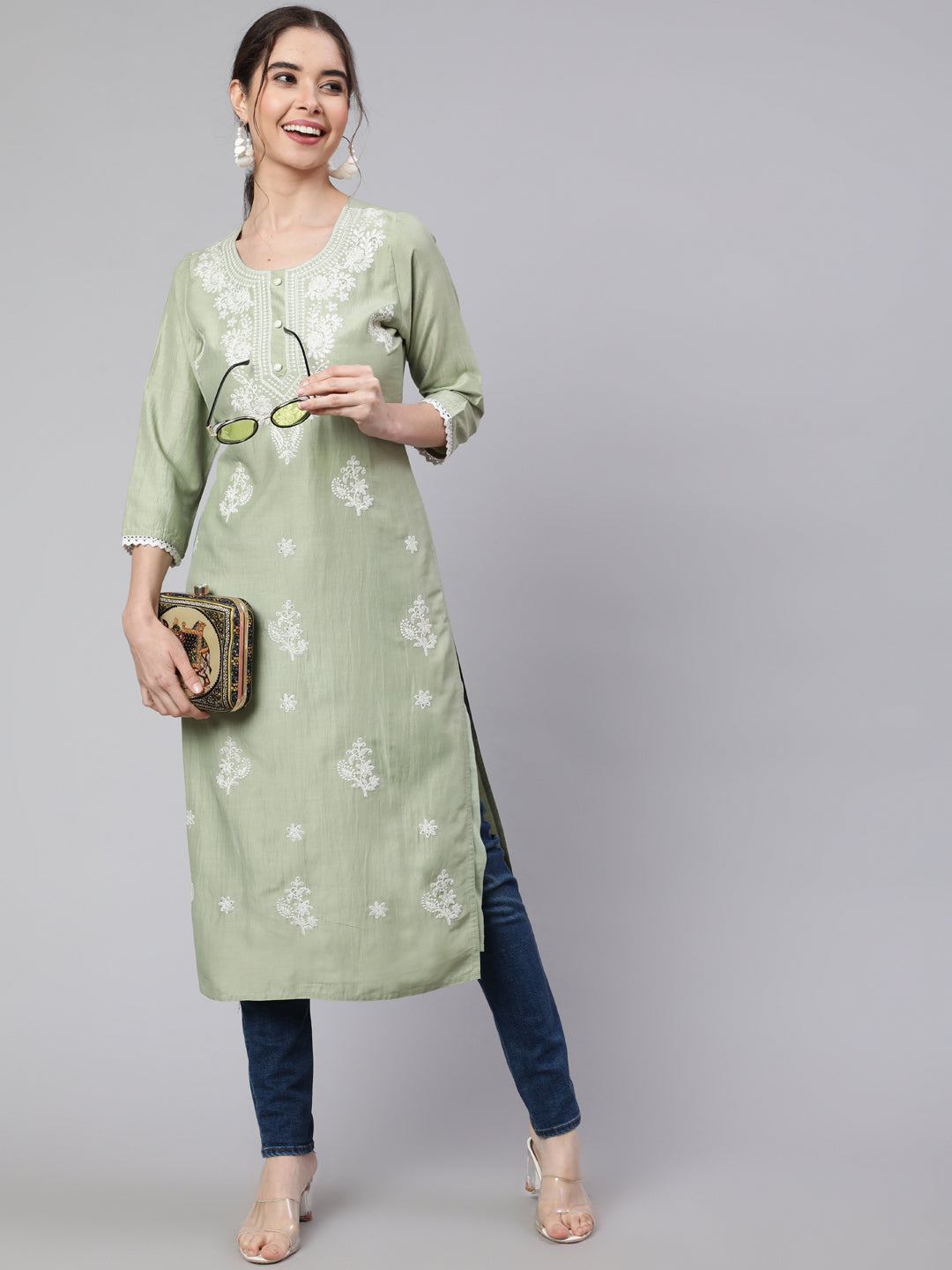 Sage Green Chikankari Straight Kurta