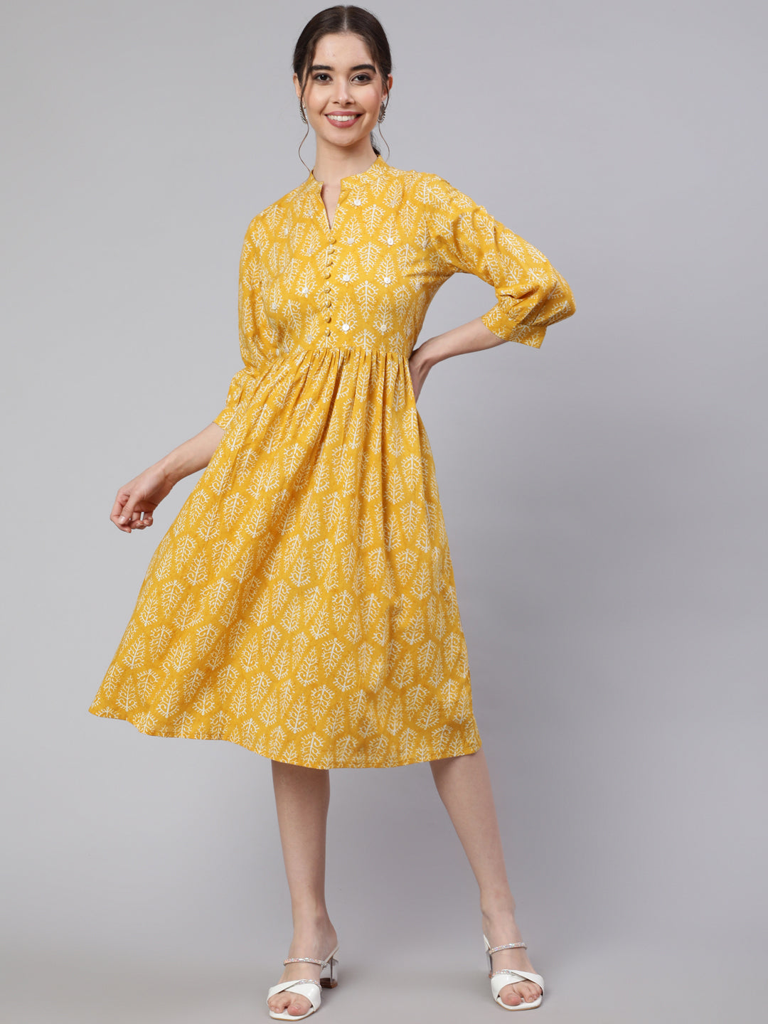 Yellow Ethnic Printed Flared Dress