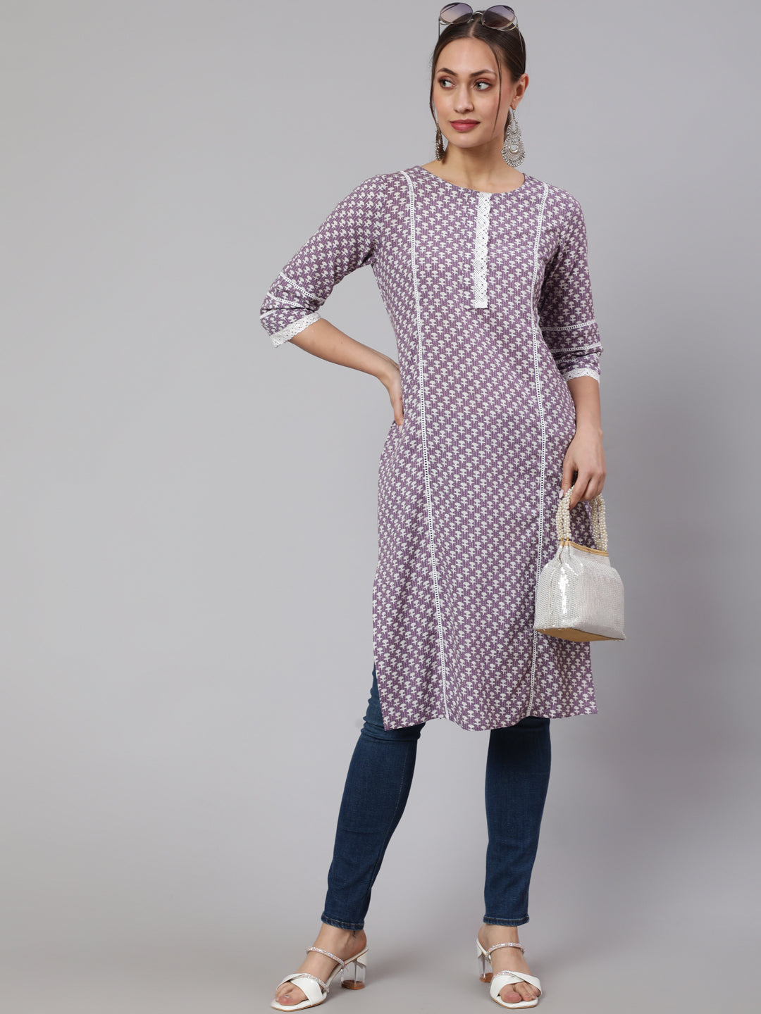 Lavender Woven Kantha Printed Laced Straight Kurta