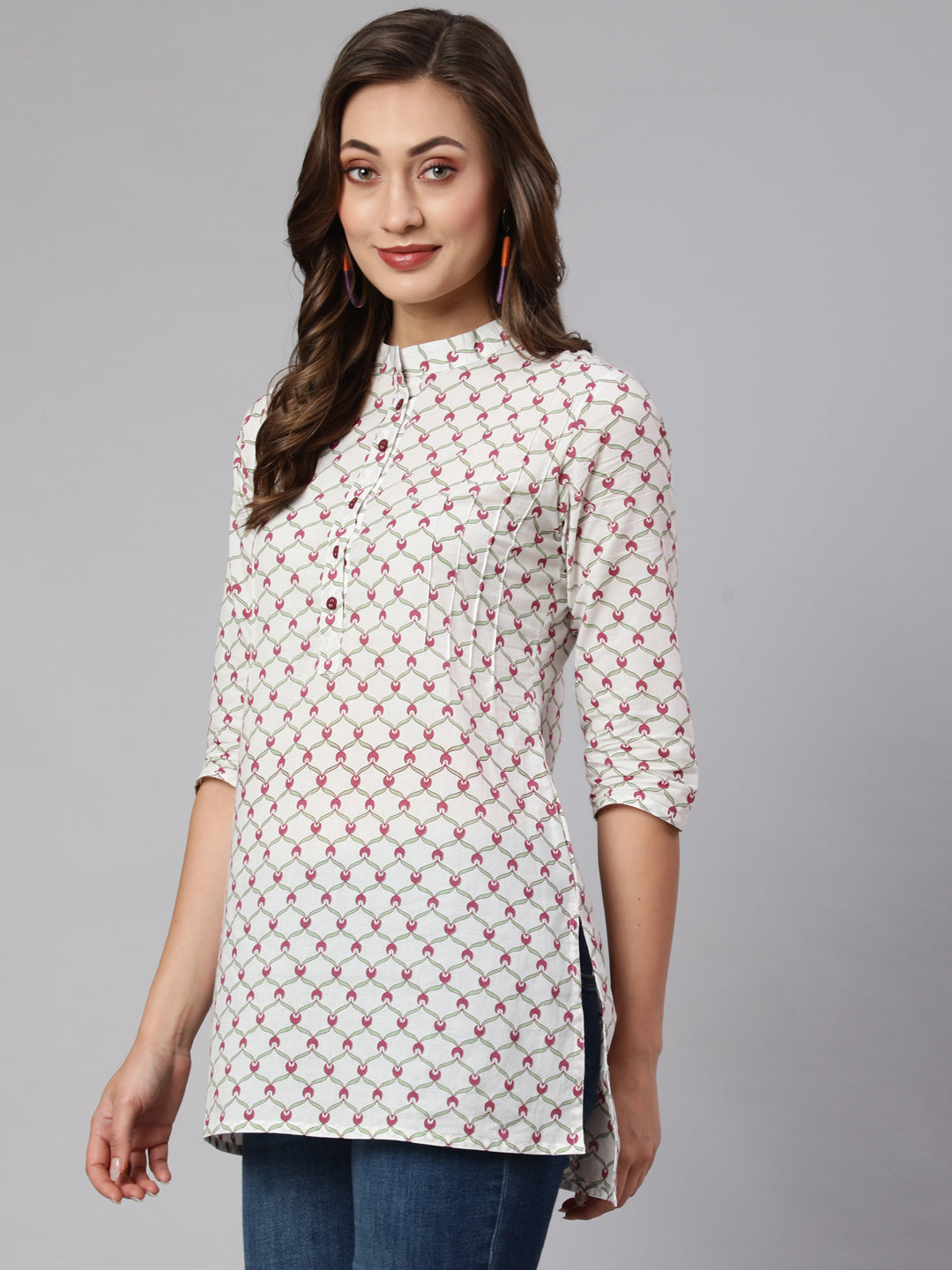 White Geometric Printed Cotton Short Kurta