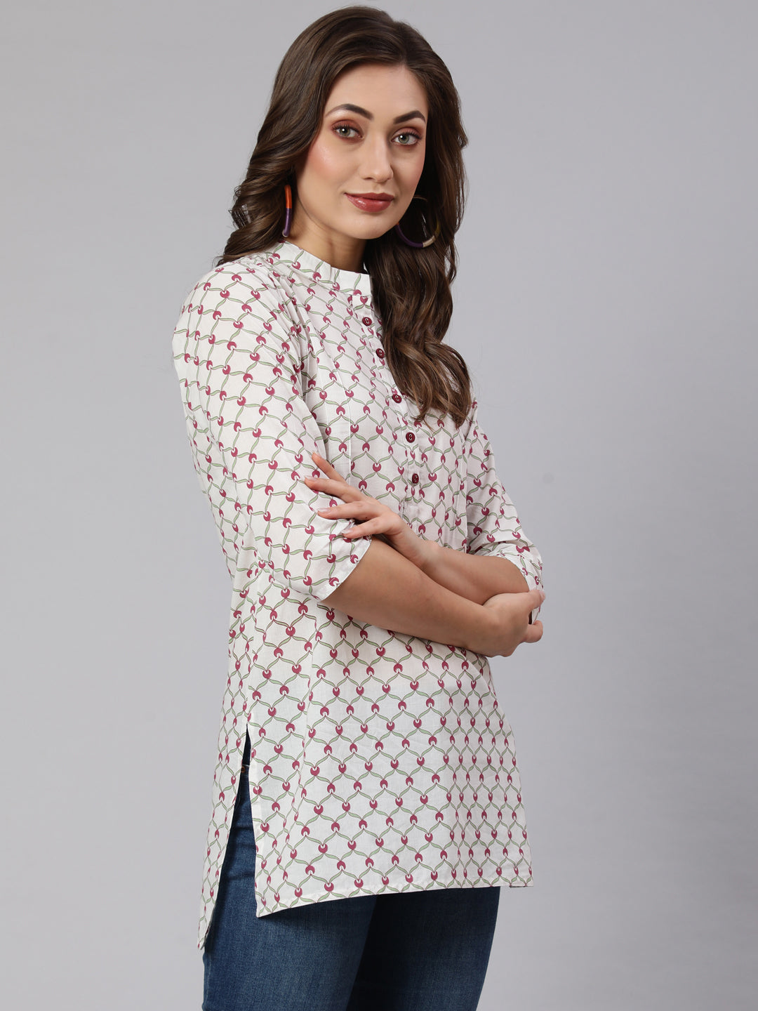 White Geometric Printed Cotton Short Kurta
