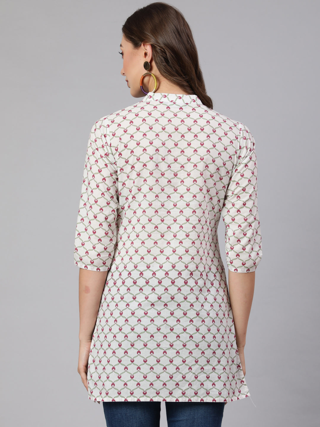 White Geometric Printed Cotton Short Kurta