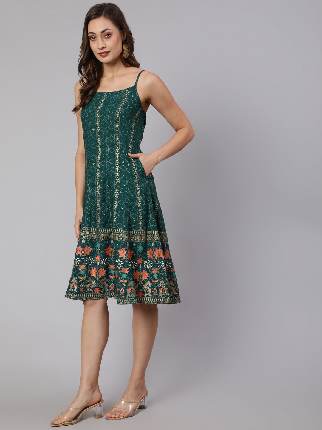 Green Printed Strappy Dress