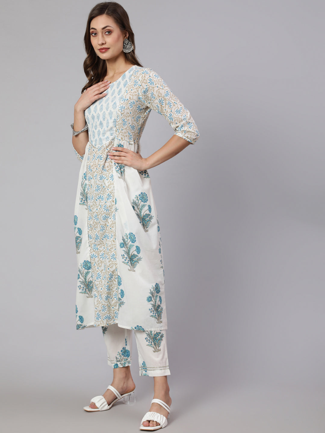 White & Turquoise Blue Ethnic Printed Flared Kurta With Pants & Dupatta