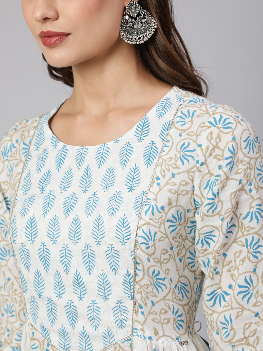 White & Turquoise Blue Ethnic Printed Flared Kurta With Pants & Dupatta