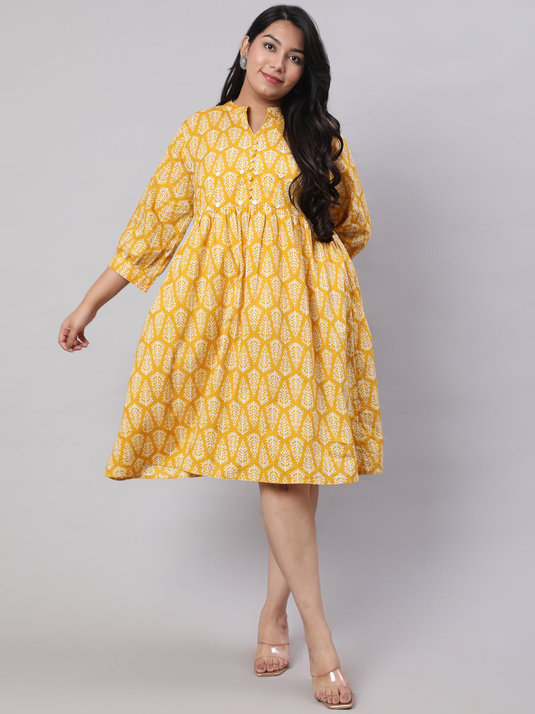 Plus Size Yellow Ethnic Printed Flared Dress
