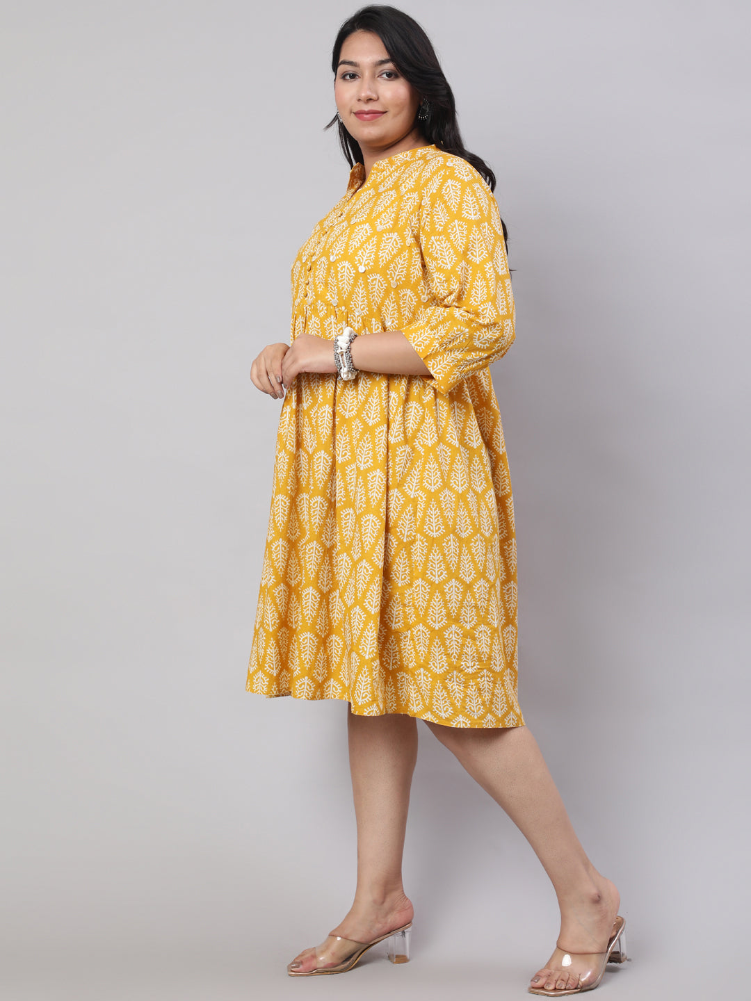 Plus Size Yellow Ethnic Printed Flared Dress