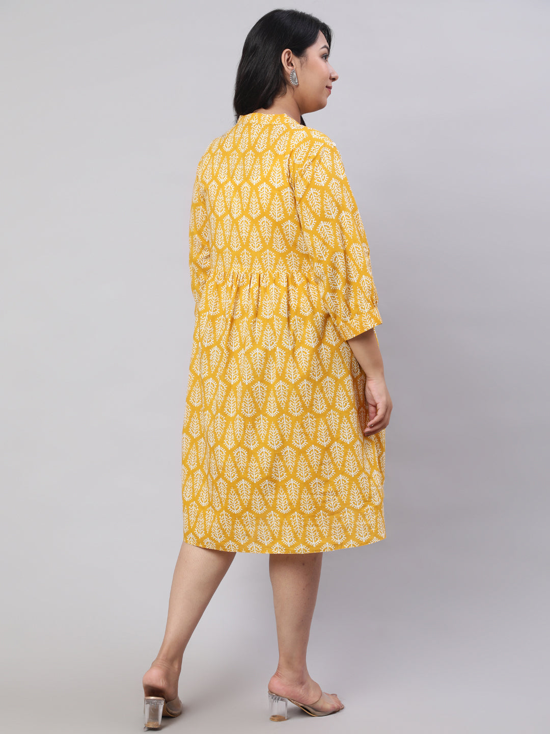 Plus Size Yellow Ethnic Printed Flared Dress