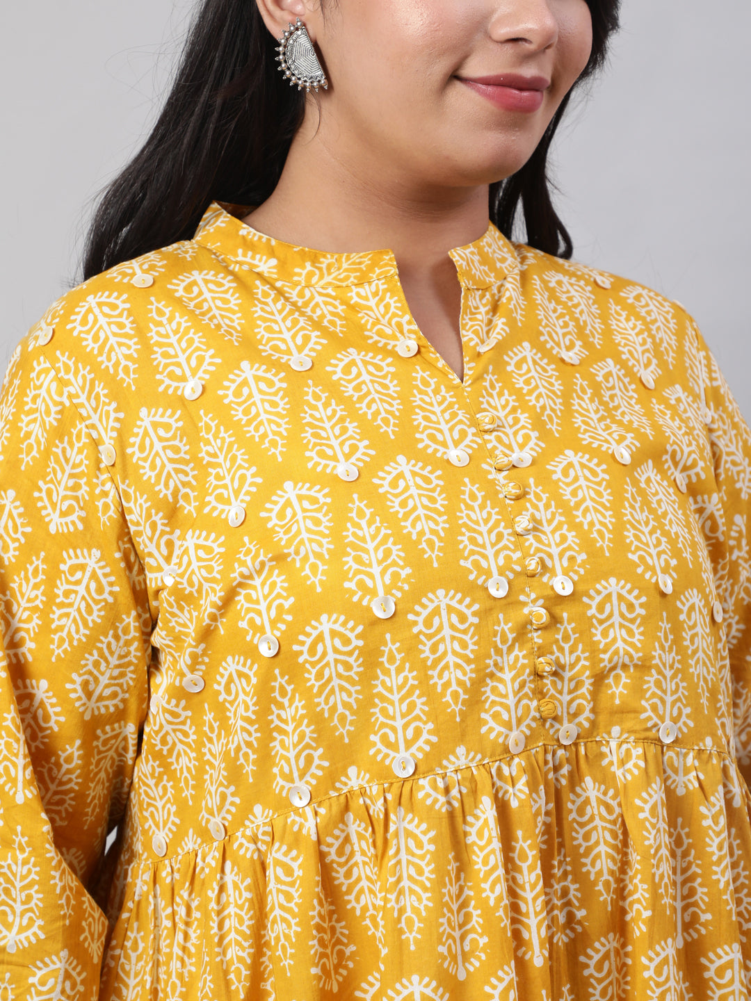 Plus Size Yellow Ethnic Printed Flared Dress